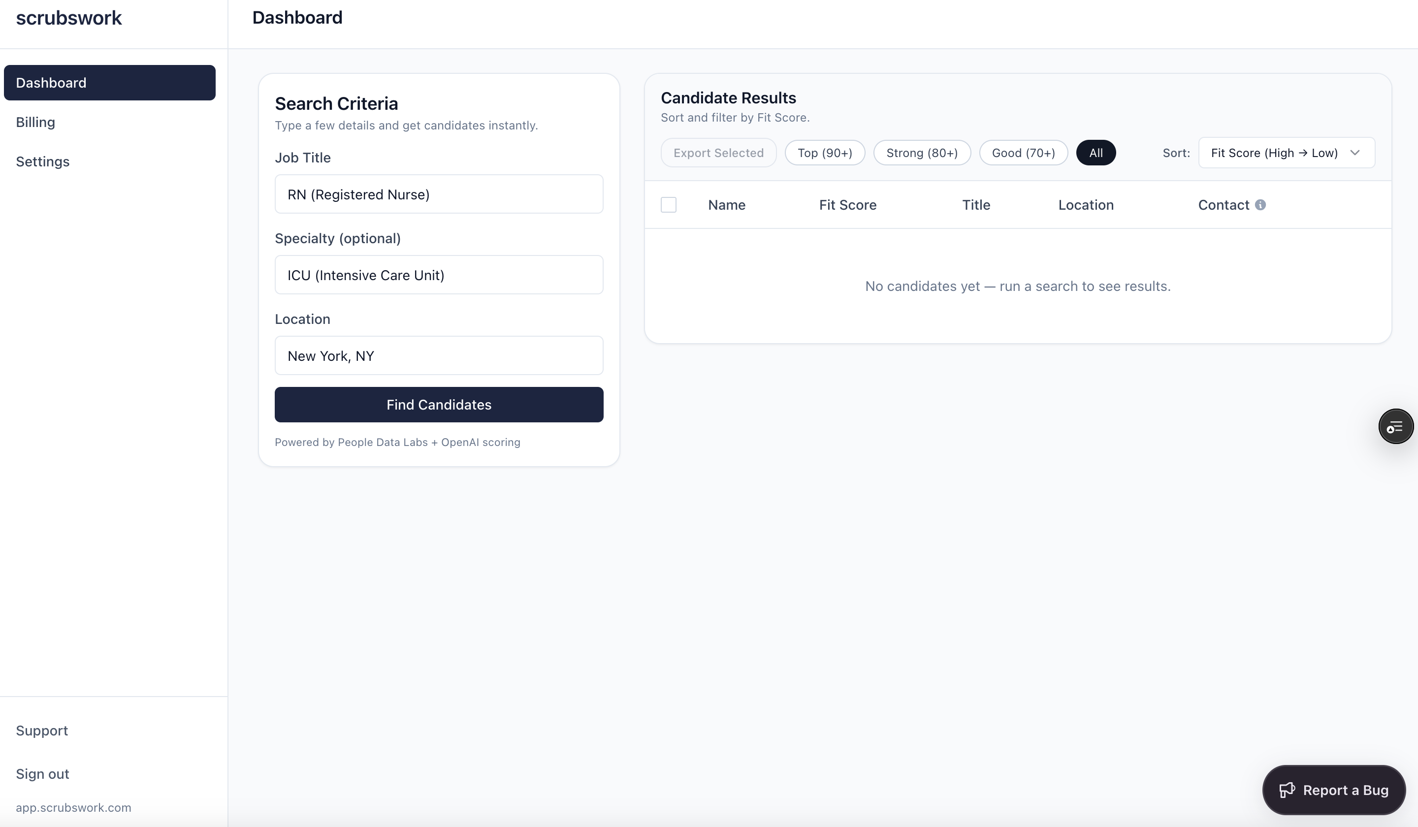 Scrubswork recruiting dashboard interface